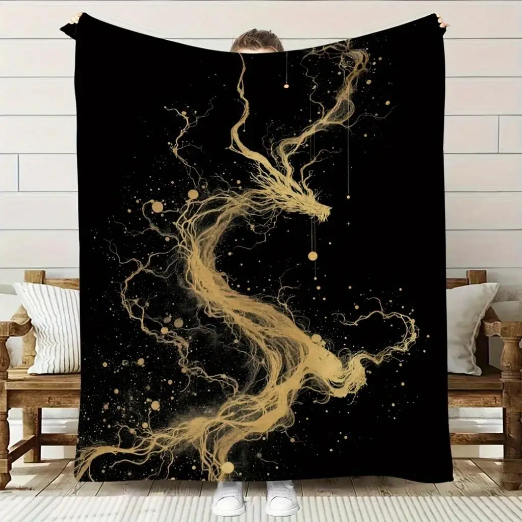 One Comfortable Golden Dragon Pattern Flannel Blanket, Soft High-Definition Digital Print, Suitable for All Seasons