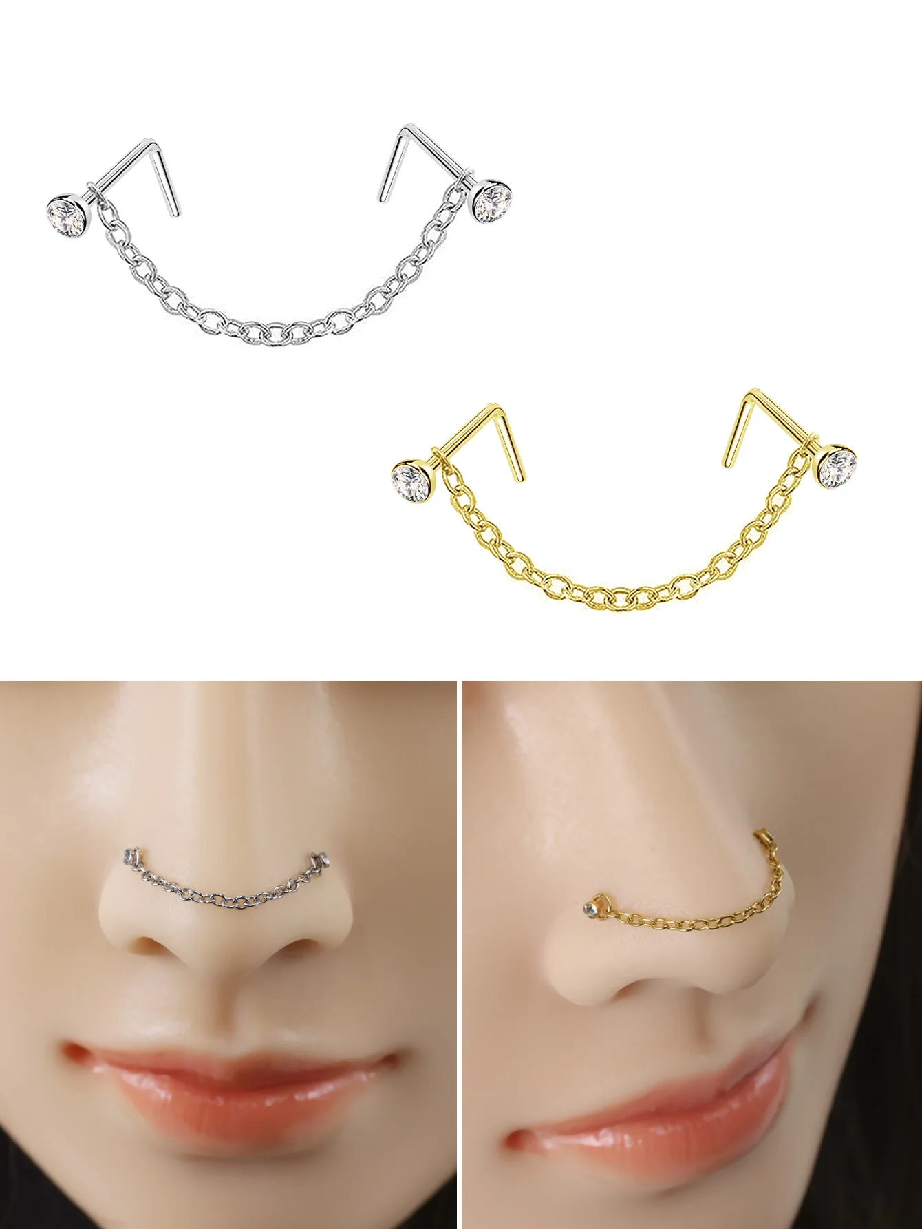 Double Piercing Ring Nose Chain Nostril Zircon Stainless Steel Nose Stud Decoration Earring Piercing Fashion Jewelry