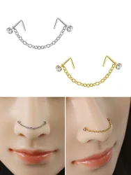 Double Piercing Ring Nose Chain Nostril Zircon Stainless Steel Nose Stud Decoration Earring Piercing Fashion Jewelry