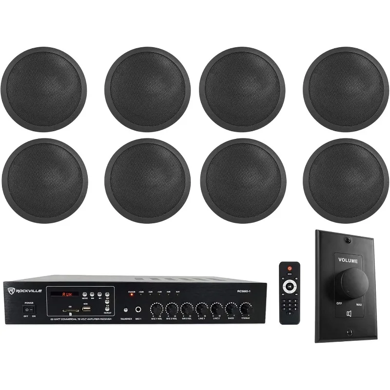 

Commercial Restaurant Amp+(8) 6" Black Ceiling Speakers+Wall Control