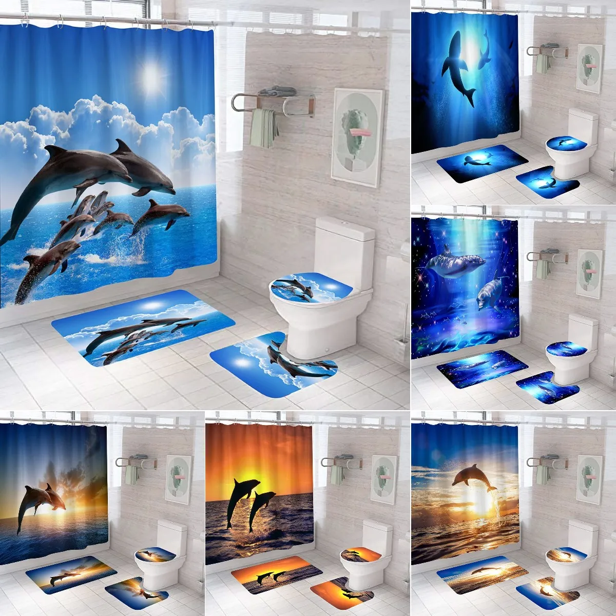 

Ocean Dolphin Bathroom Set Animal Waterproof Fabric Shower Curtain Set Sea Scenery Pedestal Rugs Flannel Toilet Cover Bath Mats