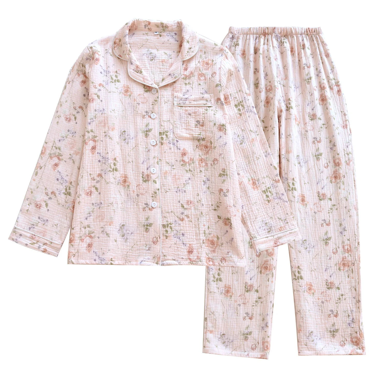 Pajamas for Women Spring Cotton Long Sleeved Shirt Trousers 2 Pcs Casual Wear Home Clothing Set for Women Roomwear