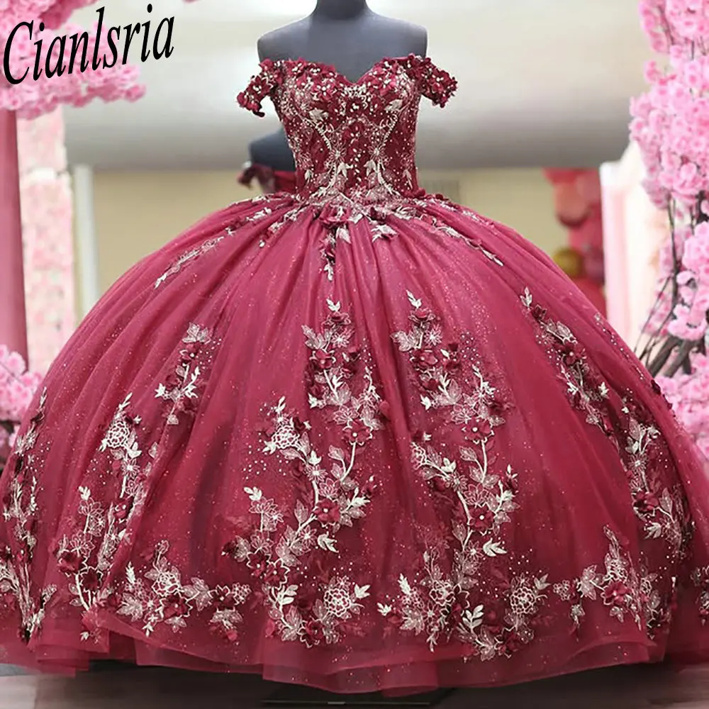 

Red Off The Shoulder Bow Quinceanera Dresses Ball Gown 3D Floral Lace Sweet 15 Años Mexican Customized