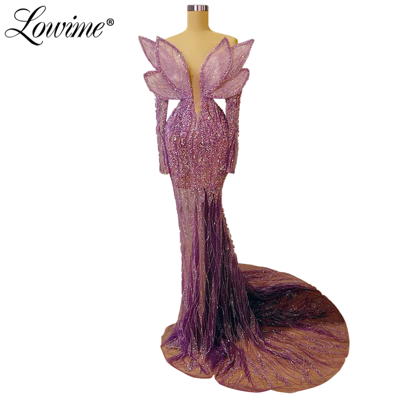 Lowime See Through Purple Party Jurken Voor Bruiloften 2022 Lange Mermaid Celebrity Pageant Avondjurken Couture Kralen Prom Dress