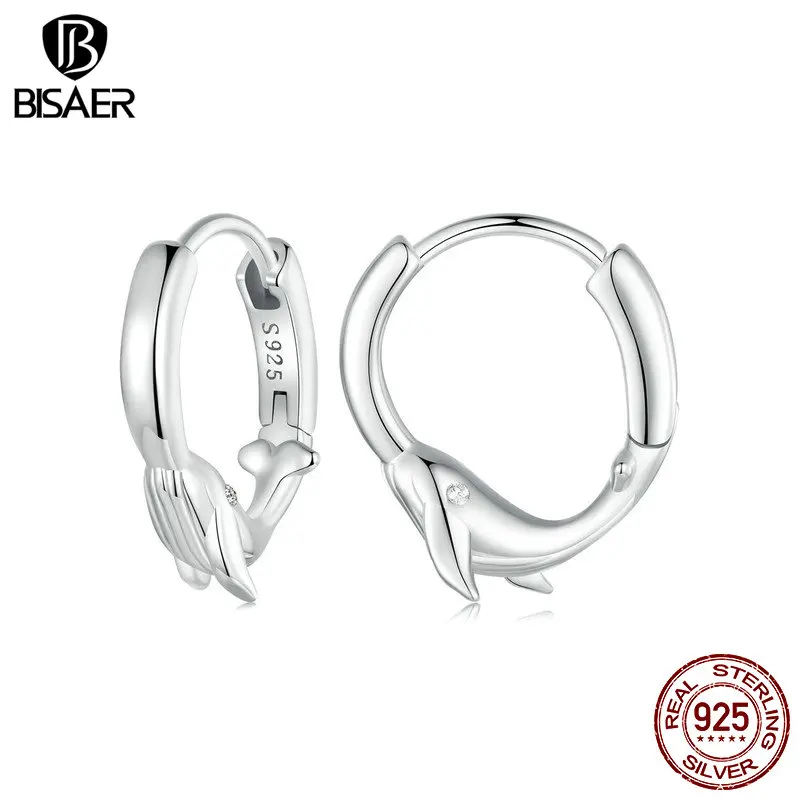 BISAER 925 Sterling Silver Whale Ear Buckles Round Hoop Earrings Platinum Plated for Women Original Animal Fine Jewelry ECE1675