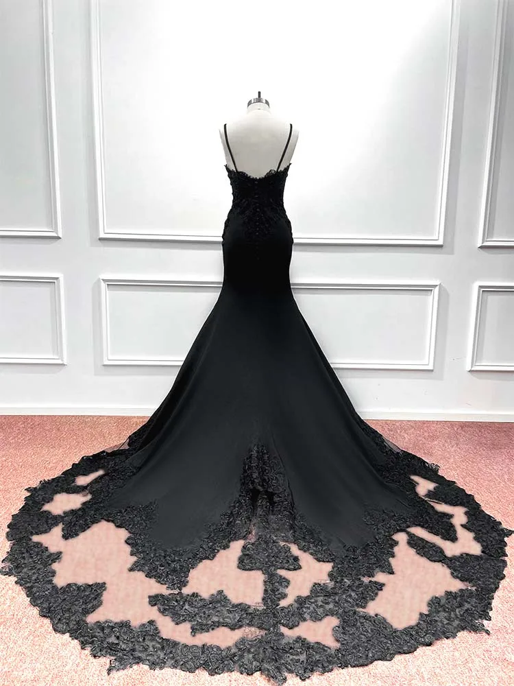 Bohemian Black Lace Mermaid Wedding Dresses For Women 2024  Elegant Boho Robe de Mariee Backless Spaghetti Straps Bridal Gowns