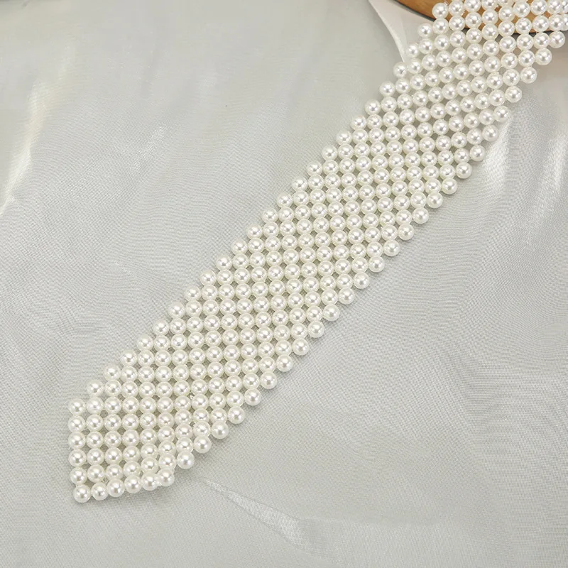 Women  Pearl Necktie Hollow Out Imitation Peral Necklace Retro Weaving Beaded Vintage Jewelry Choker Shirt Tie Collar For Female