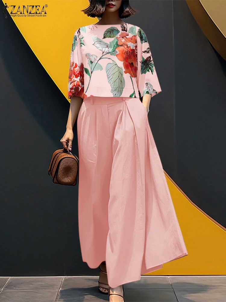 

ZANZEA Women Loose 2 PIeces Suit Fashion Elegant Commute Wide Leg Pants Pant Sets Floral Print 3/4 Sleeve Crop Tops 2PCS Outfits