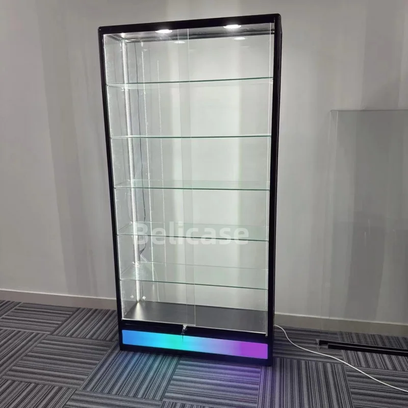 2025customized.Smoke Shop Displays Glass Showcases with Grasses Aluminum Frame Display Changeable Light Tall Glass Display