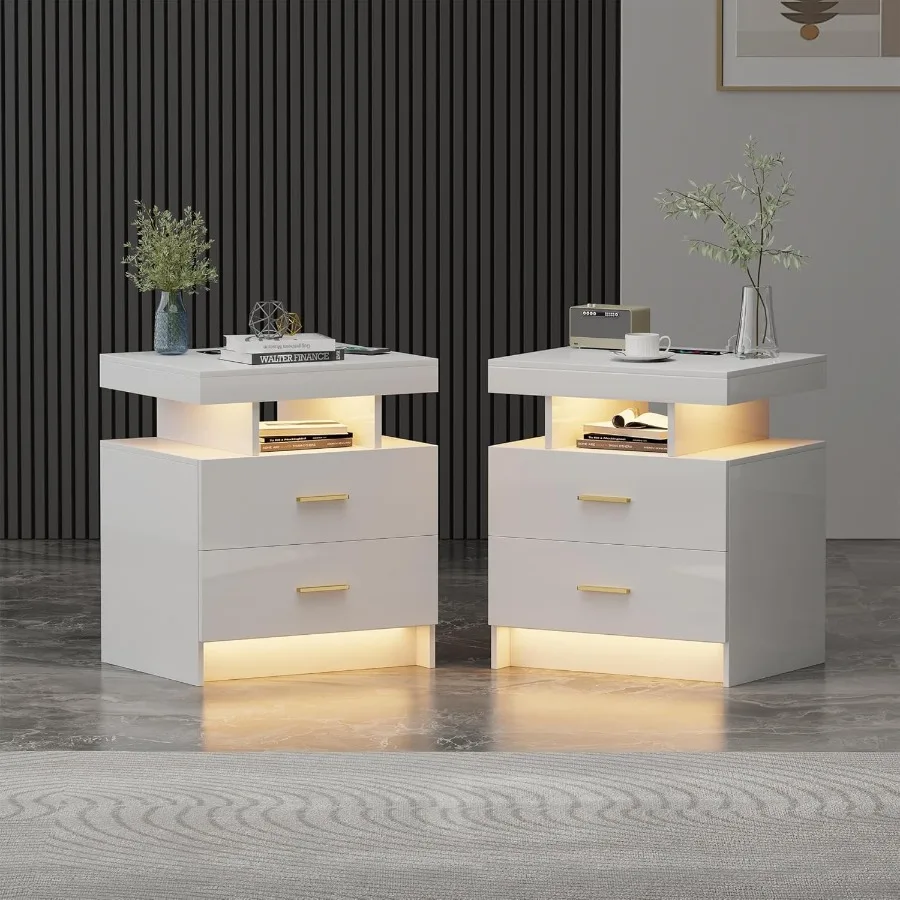LED Nightstand 2 Set with Charging Station High Gloss Bedside Table with 2 Drawers 24 Color Dimmable Modern Smart Night Stand w