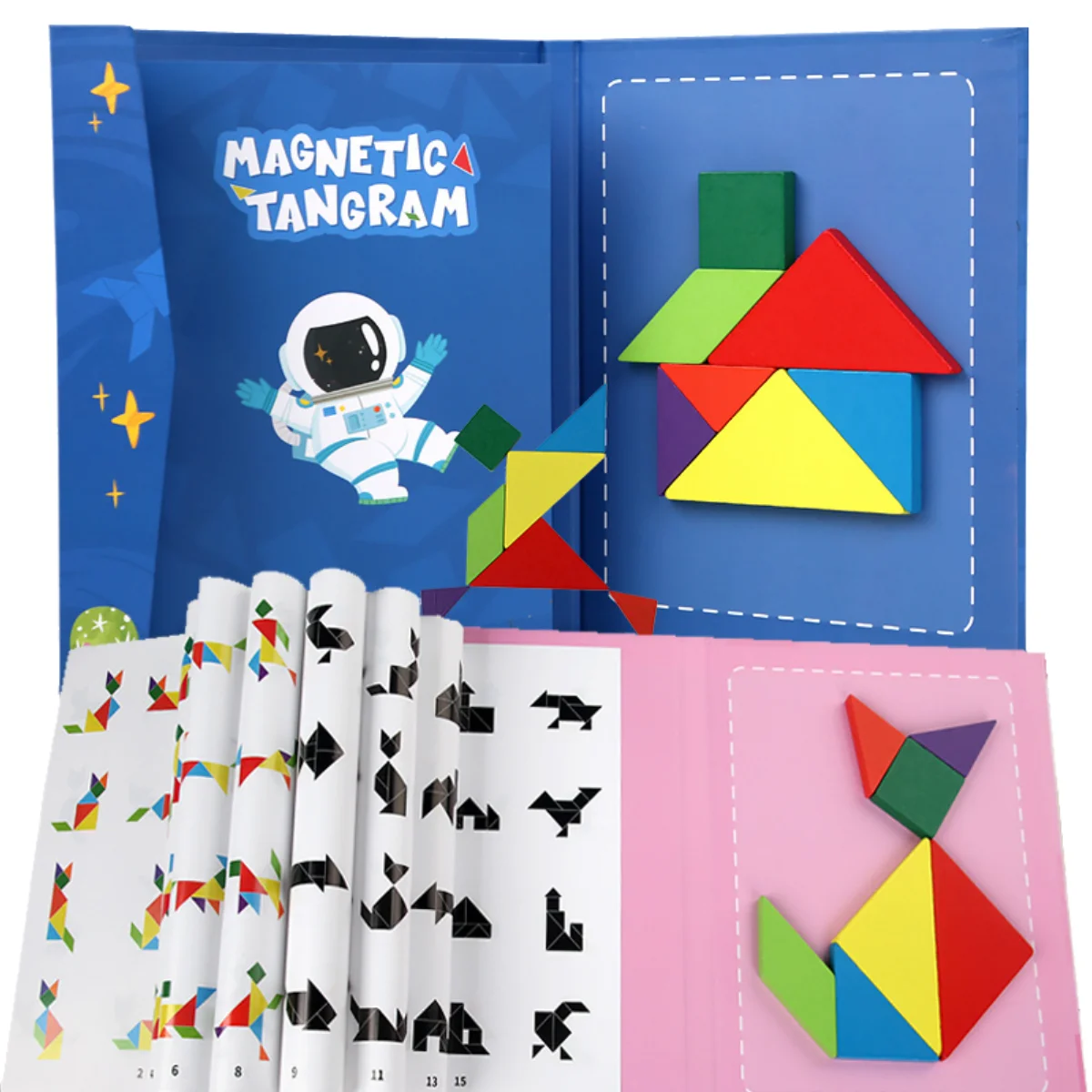 Montessori magnetyczny Tangram drewniana książka z puzzlami dla dzieci układanka przenośne edukacyjne zabawki edukacyjne dla dzieci