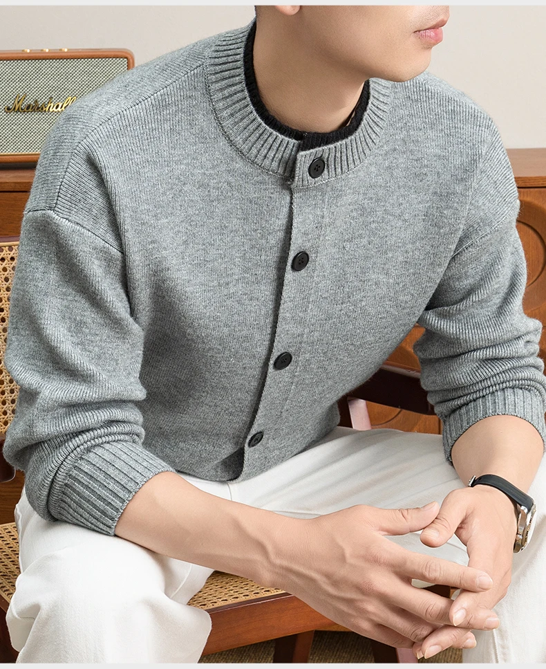 Hochwertige Strickjacke Männer Persönlichkeit Doppelschicht Rundhalskragen Neue Mode Weich Komfort Warm Herbst Winter Pullover Mantel – Detail 4