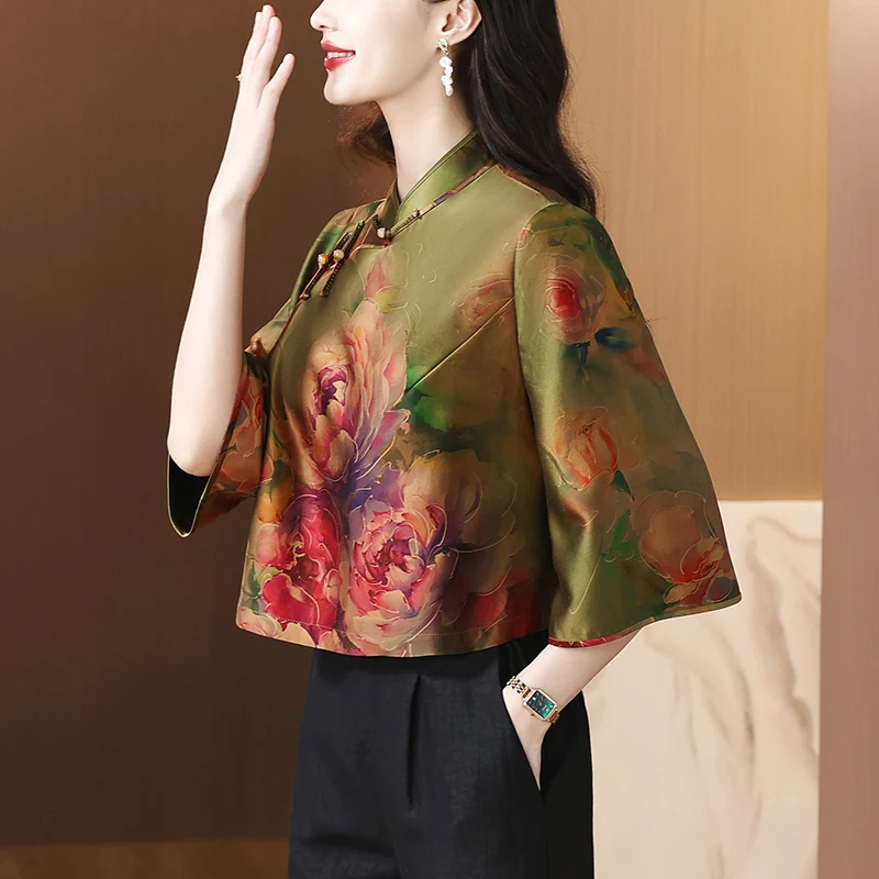 Zomer Nieuwe Sle Dames irt Zwaargewicht Xiangyun Zijde Button up Chinese Nationale Sle Print Groot formaat Woon-werkverkeer Polyester...