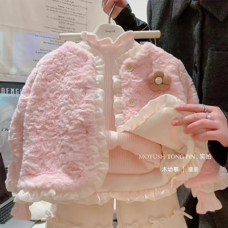 Girls' Trendy Plush Coat Jacket Autumn and Winter New Korean Style Baby Girl Fleece Lined Padded Warm Keeping Top