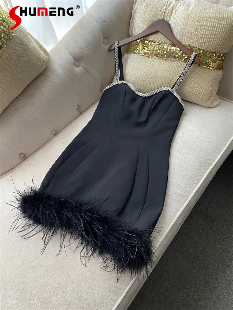 Ladies New Fashion Sexy Rhinestone Suspender Dress Women Sexy Diamond Cinched Slim Waist Feather Tassel Dress