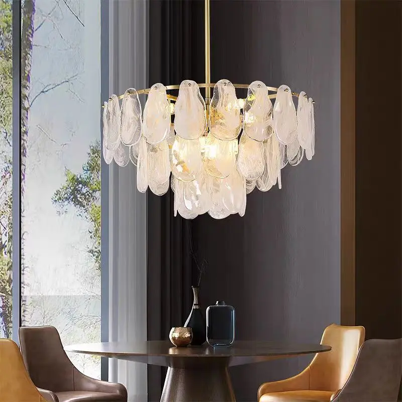 French Tiered Cloud Glass Ceiling Chandelier Luxury Brass Lamp for Living Room Restaurant Multi Head Layer Loft Hall Gold Light