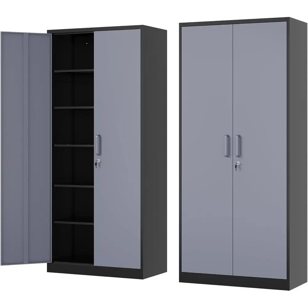 

72 Tall Steel Lockable Storage Cabinet with 5 Adjustable Shelves for Home, School, Office, Garage - Black & Gray