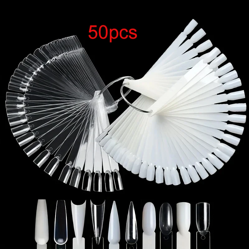 50 Nail Sample Sticks with Rings, Clear Fan-Shaped Nail Practice Display Tips, Nail Sample Sticks, Nail Art Practice Colorful Display