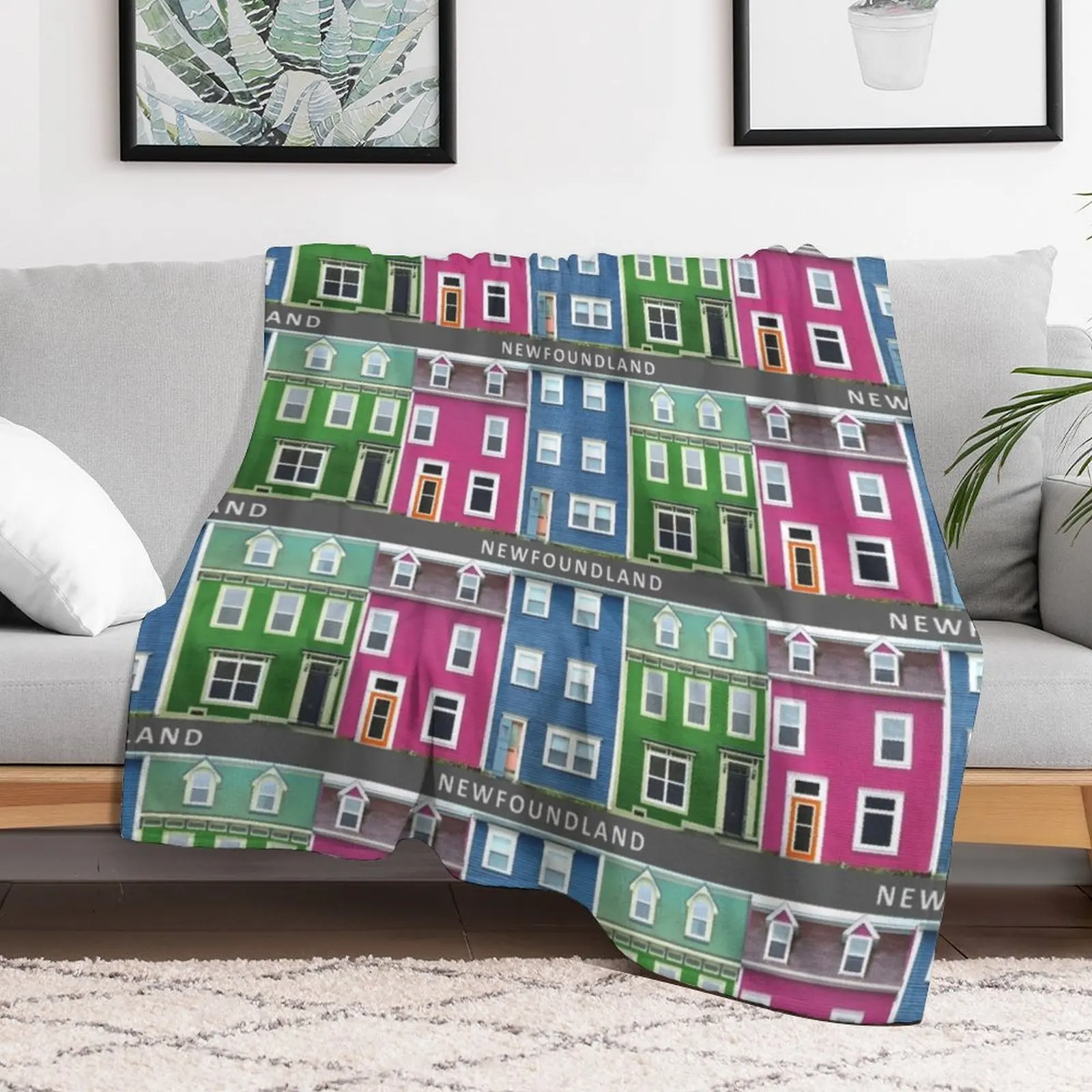 

NEWFOUNDLAND Pink Blue Green Row Houses Throw Blanket Large Luxury Brand decorative Blankets