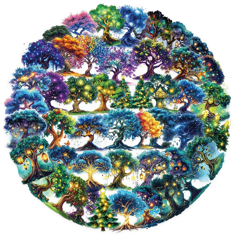 50PCS Magic Tree Stickers, Transparent Fantasy Forest Nature Theme, Waterproof Vinyl Aesthetic Decals for Scrapbook Journal