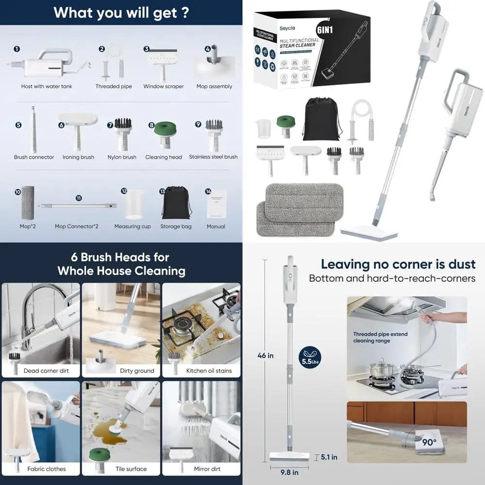

Многофункциональная паровая швабра для дома: насадки 6-в-1 для чистки паркетных работ, одежды, окон, плитки, затирки, мебели и ковров