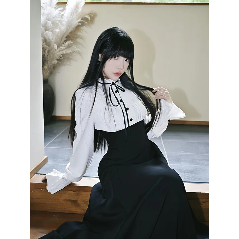 MEXZT Vintage Midi Dress Women Harajuku Gothic Patchwork Stand Dresses Y2K Japanese Lace Up Long Sleeve Bodycon A Line Vestidos