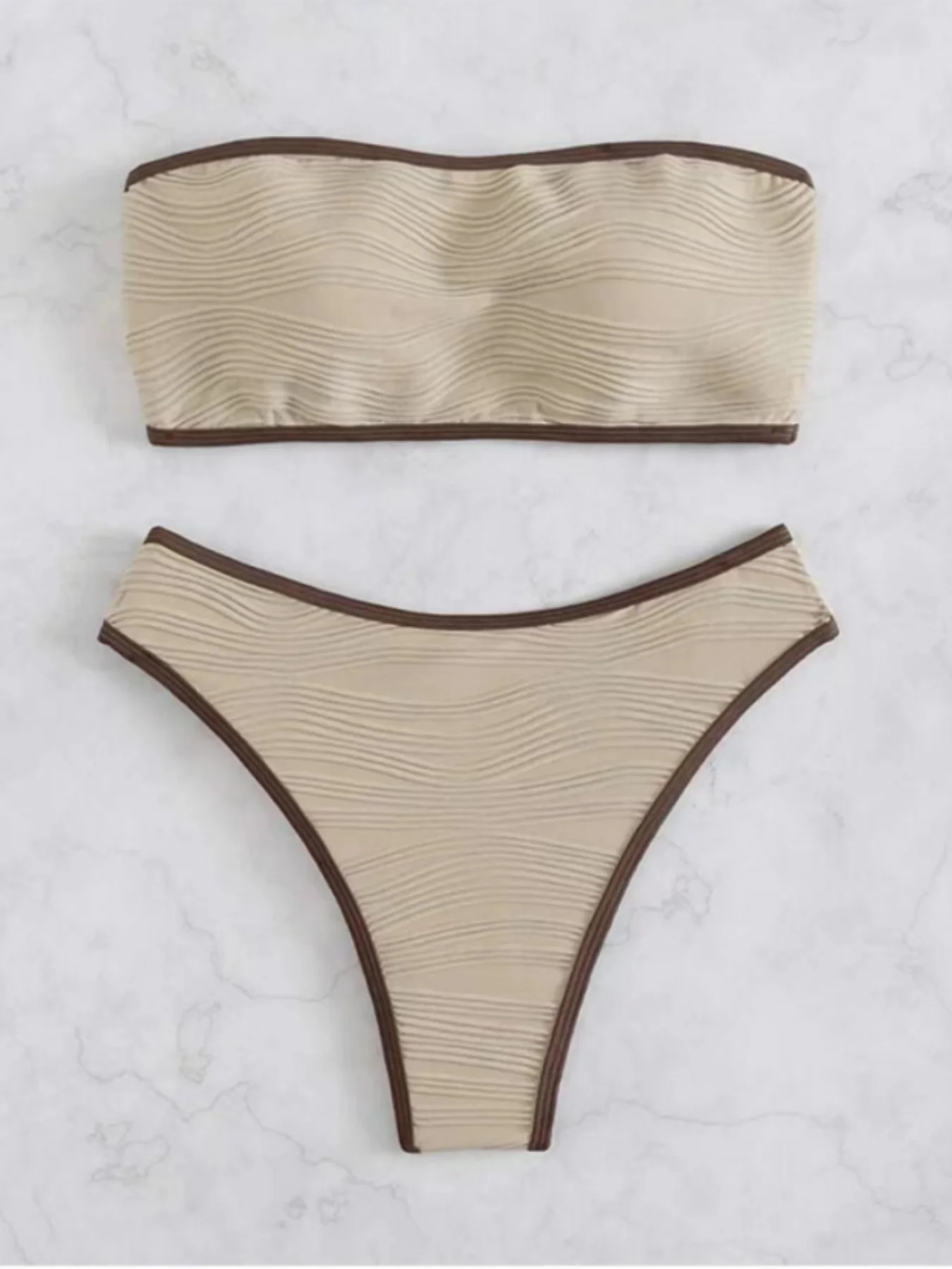 

Two-Piece Set Women's Summer Textured Contrast Binding Bikinis Set, Casual Sleeveless Padded Bandeau Swim Top & High Cut Swim Bo