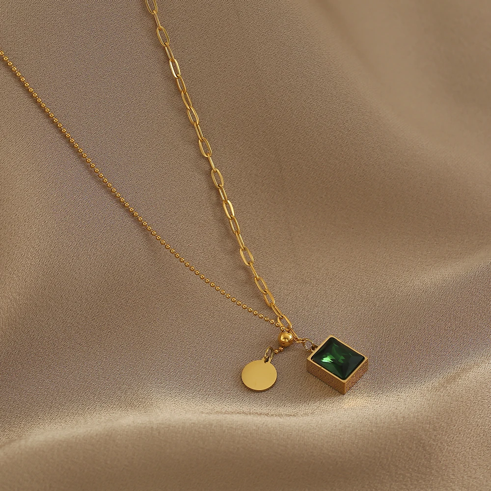 316L Fashion Green Square Pendant  for Women Luxury Gold Stainless Steel Necklace Girls Elegant Clavicle Chain Jewelry