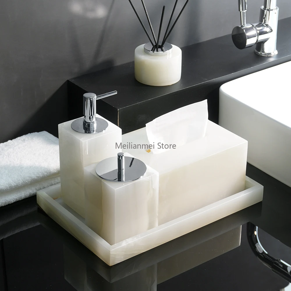 White Onyx Natural Marble Bathroom Set Luxury Soap Dish Soap Dispenser Tissue Box Toothbrush Holder Bathroom Accessories