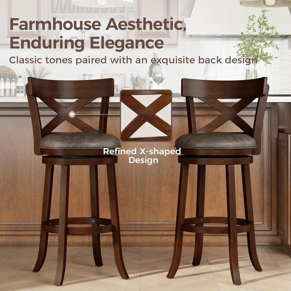 Lot de 2, 30 tabourets de bar pivotants avec dossiers, sièges en similicuir, cadre en bois, pour îlot de cuisine ou pub, finition noyer