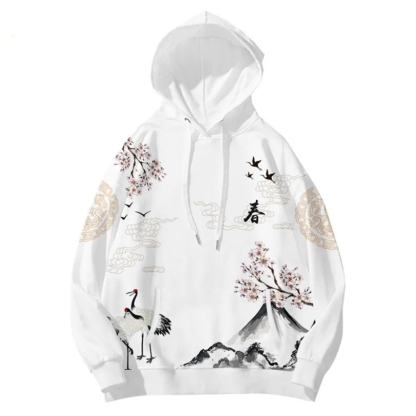 

Harajuku Crane Print Hoodies Sweatshirt Autumn Japanese Casual Oversized Hooded Hoodie Hip Hop Pullover Women Men Clothing