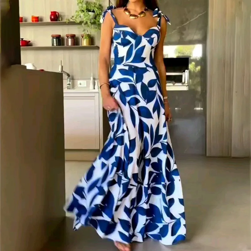 

2025 Summer Print Women Sexy Long Dress New Lace Up Sling Party Dresses Pattern Strappy Ladies Hollow Out V-neck Beach Vestidos