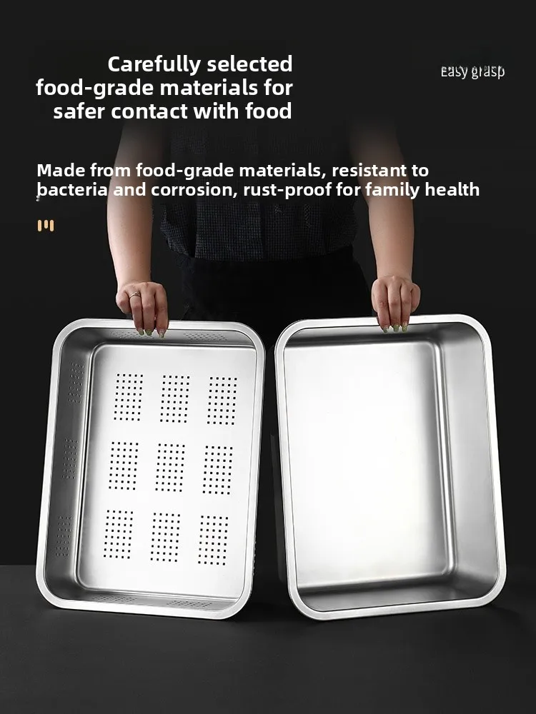 

Commercial Grade 304 Stainless Steel Thickened Deepened Drain Pan Rectangular Vegetable Washing Drain Basin Oil Filtering Tray