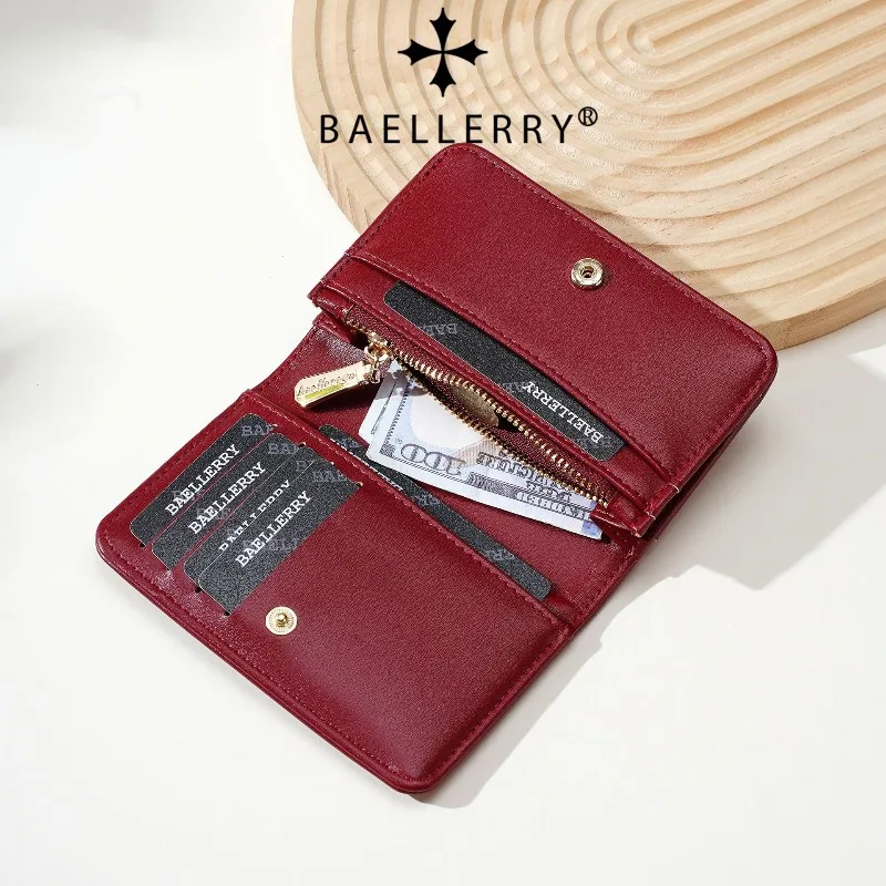 Baellerry 2026 Women's Multi-functional Short Wallet Pure Color Card Holder Oil Wax Leather Zipper Coin Purse Fashion Accessory