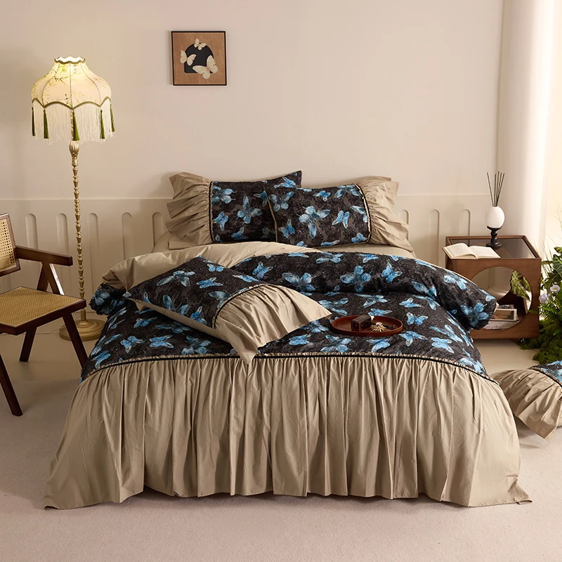 Blue Butterfly Digital Printing Bedding Sets Luxury 4pcs Washed Cotton Duvet Cover Bed Sheet Pillowcases Home Textile