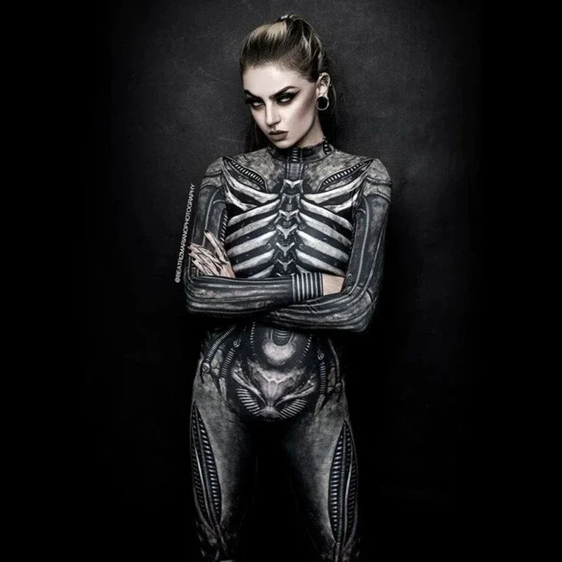 Horror Cosplay Skeleton Jumpsuit Halloween Costumes Slim Humen Body Women Zentai Skull Ghost Tight Suit Carnival Dress Up Party