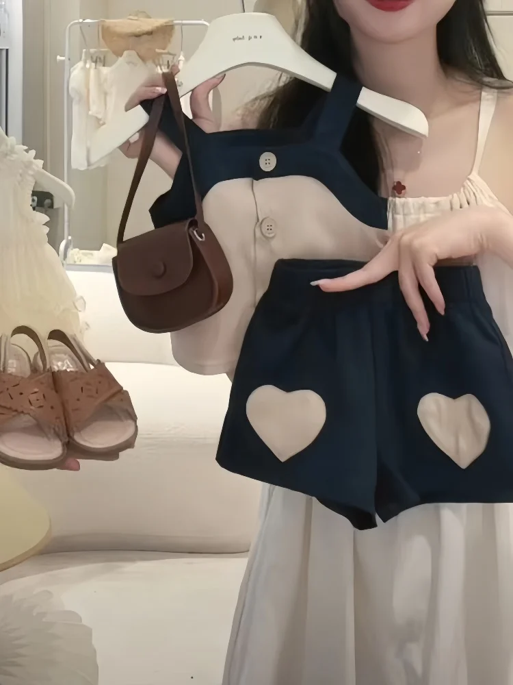 Ensemble d'été pour filles, bretelles de couleur kaki, motif cœur, costume deux pièces Cool, tenue en mélange de coton lavable et confortable pour bébé