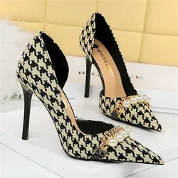 New Women 7.5cm 11cm High Heels Pumps Sexy Pointed Toe Bigtree Heels Lady Pearl Metal Chain Scarpins Stiletto Zebra Plaid Shoes