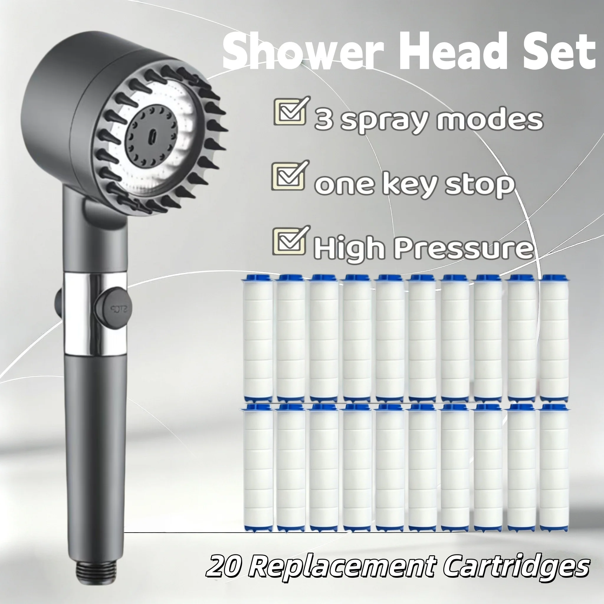 Gray Medium High Pressure Shower Set W/20/15/10PCS Filters, Built-in Filter, 3 Modes, One Key Stop, Hard Water Filter, Shower On