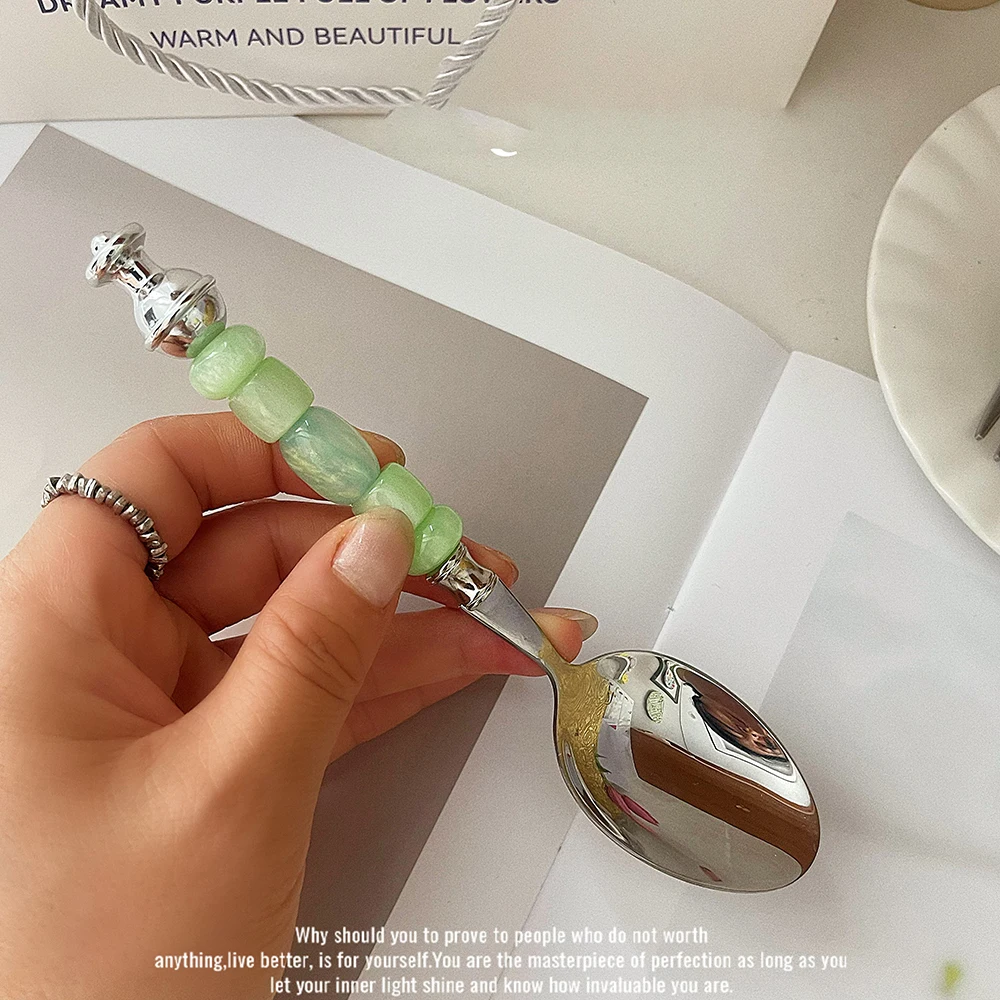 Cute Colorful Beading Stainless Steel Spoon Fork Vintage Dessert Spoon Western Food Coffee Salad Fork Creative Ice Cream Spoon view 5
