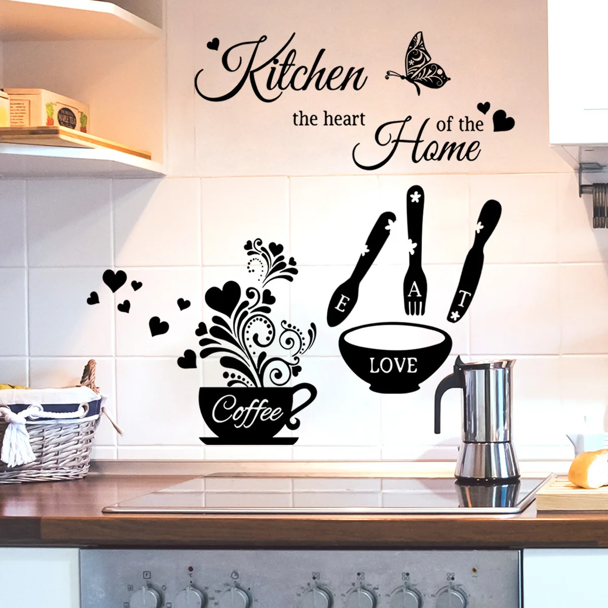 Contemporary Kitchen & Coffee Wall Decals Set with Cutlery Graphic - Polyvinyl Chloride Reusable Space-Themed Art for Home Decor