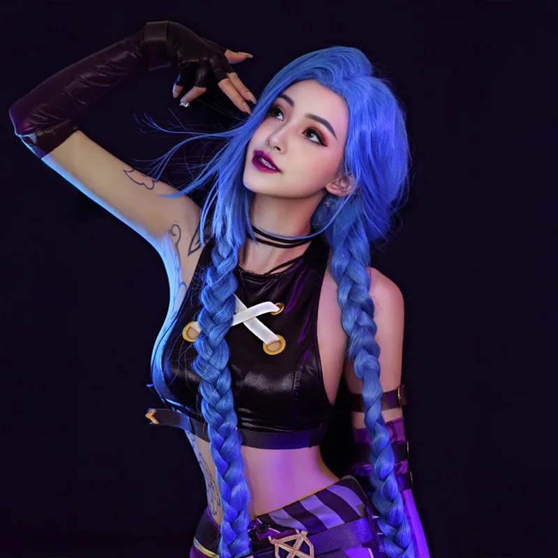 Double City Battle Runaway Girl Jinx شعر مستعار كوسبلاي LOL League قطعة واحدة 120 سم
