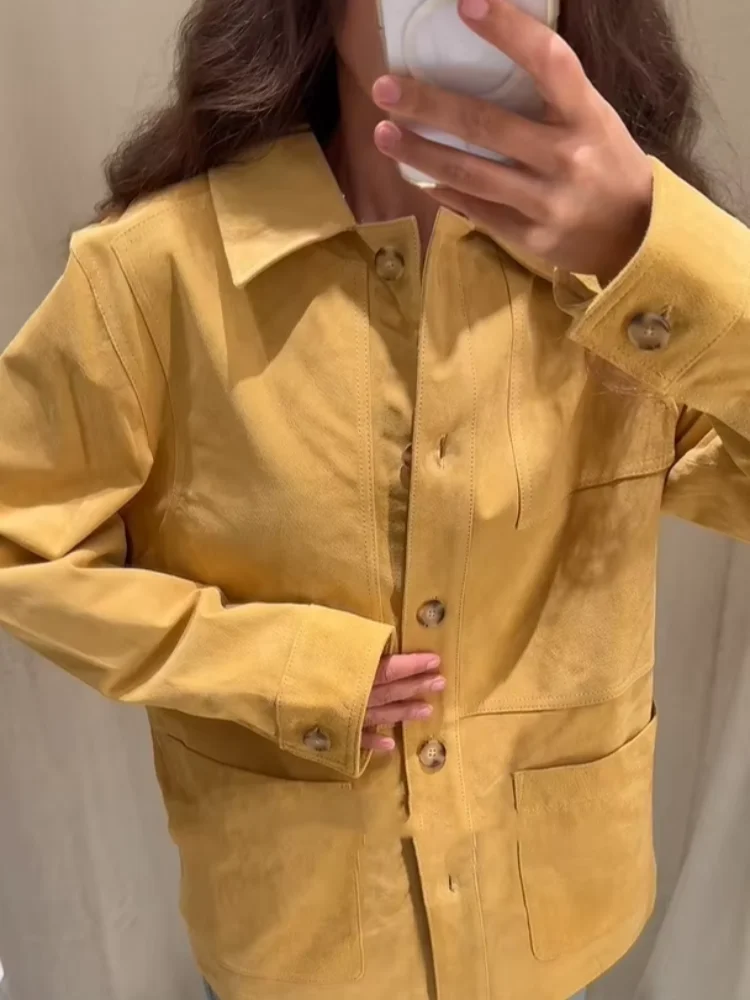 

Желтая однобортная замшевая куртка, женская повседневная свободная куртка с лацканами и длинными рукавами, женская осенняя новая уличная верхняя одежда для поездок на работу