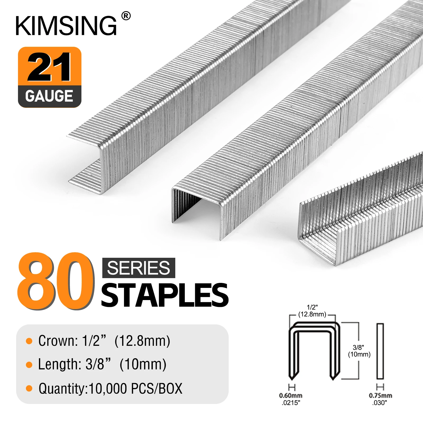 KIMSING 8010 21 Gauge 80 Series 12.8mm Crown 10mm Leg Length Fine Wire Galvanized Upholstery Staples for Furniture, Fabric