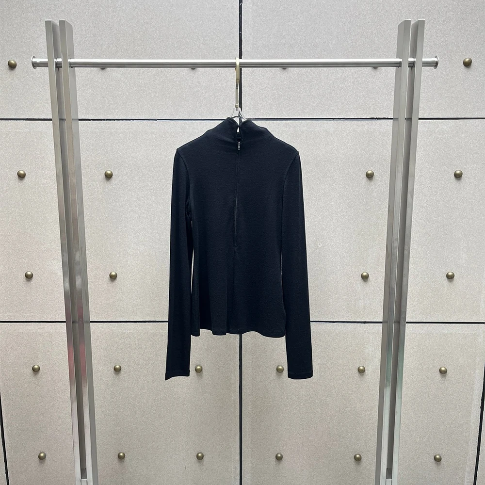 Ladies Wool Blend Rib Sweater Top Half Zipper Turtleneck Long Sleeve Slim Fitted Stretch Knit Shirt Women Elegant Casual Tops