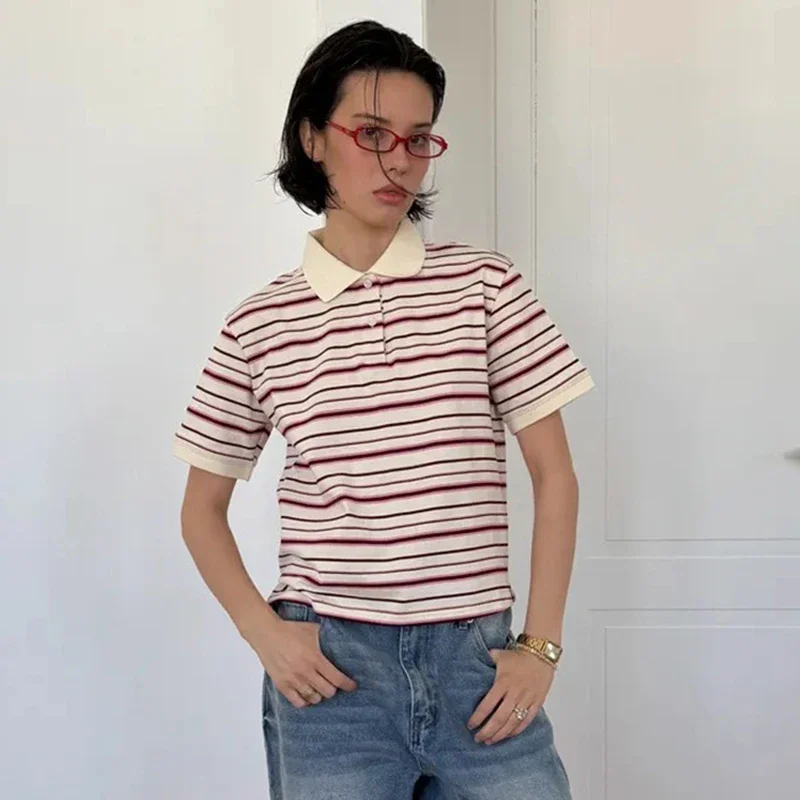

Retro Striped Short Sleeve T-shirt Women's Contrast Polo Neck Loose Casual Top Pullover Summer Fashion New Lady T shirt