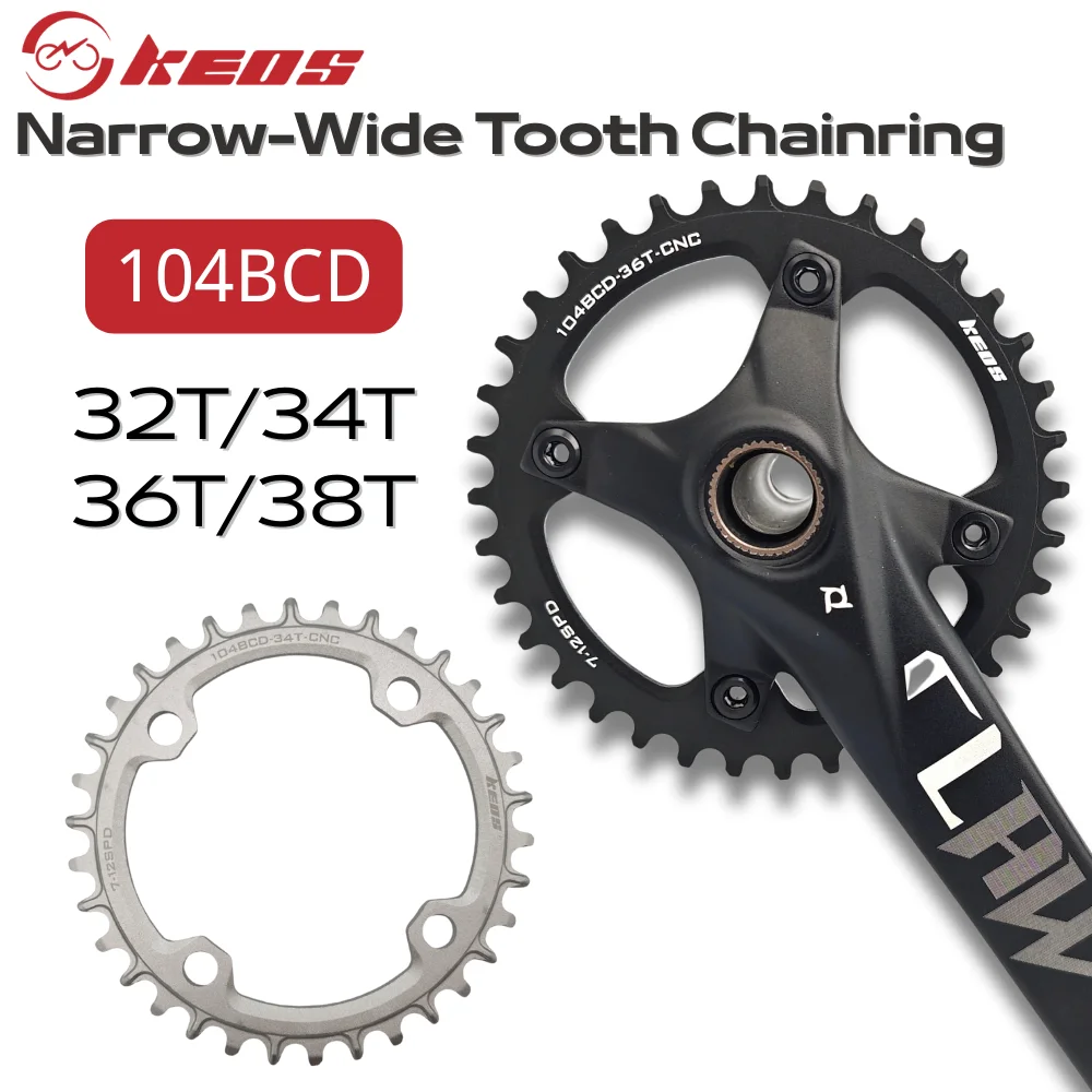 KEOS 104BCD 1x round chainring 32T/34T/36T/38T narrow-wide lightweight chainwheel(silver/black) for M370/IXF MTB/ROAD cranksets