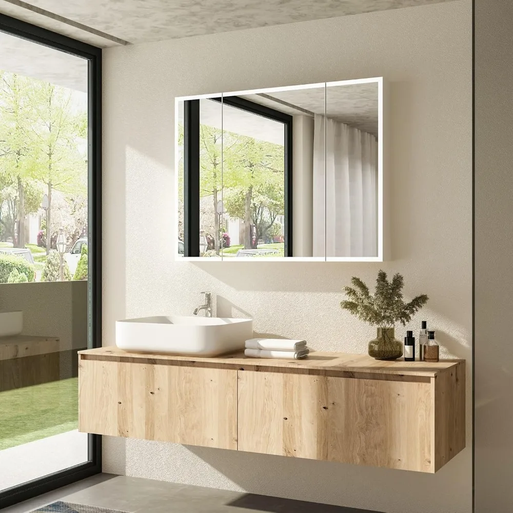 

Medicine Cabinet with Lighted Mirror, Anti-Fog, 46 x 34.6 Wall Mounted Bathroom Mirror Cabinet with Storage Shelves