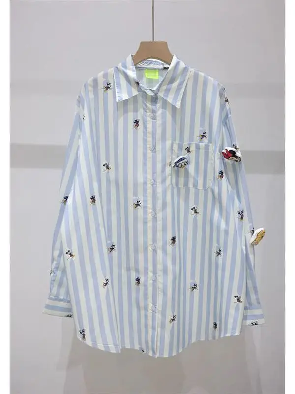 Extra Large 300 Pou Cartoon Embroidery Loose Striped Women's irt Trendy  Collar Breathable Cotton Polyester Blend