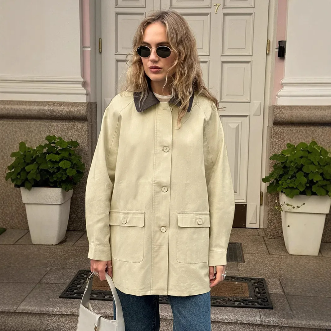 

British Retro Autumn Women's Cardigan Contrasting Color Lapel Collar Pockets Jacket For Female Temperament Commuter Lady's Coat